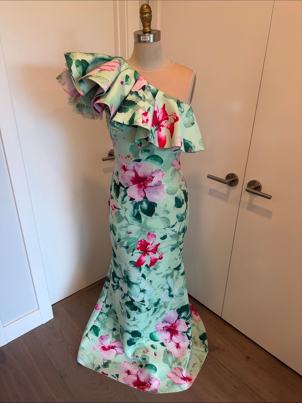 Badgley Mischka Mint Floral One-Shoulder Ruffle Gown
